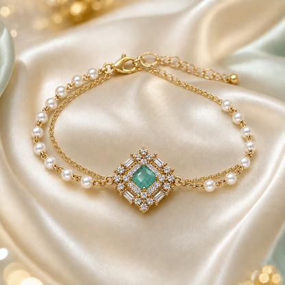 Luxury Crystal Pearl Double Chain Bracelet – Gold Plated Stainless Steel