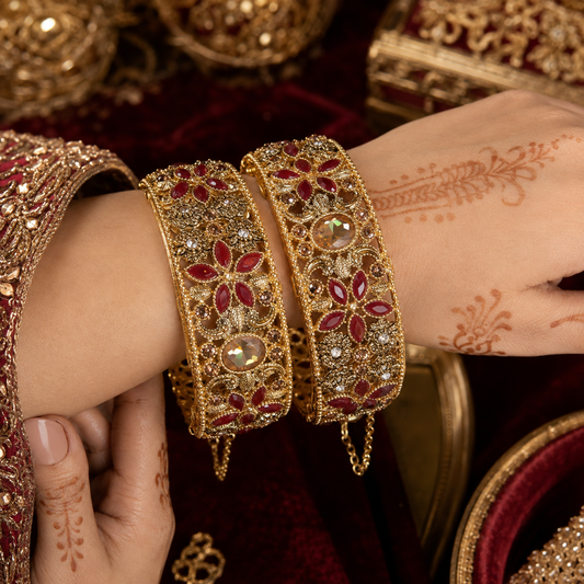 Luxury Ruby Floral Handwork Bridal Bangles – Pair