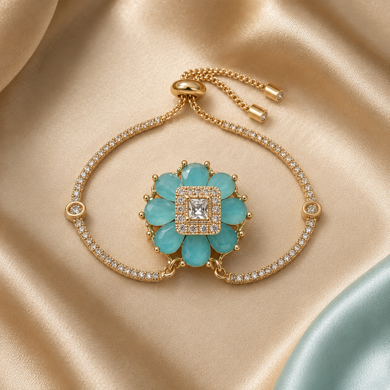 A gold-plated adjustable bracelet featuring a central flower motif with turquoise blue stones and a clear center stone, accented with small clear crystals along the band, displayed on a champagne satin background.
