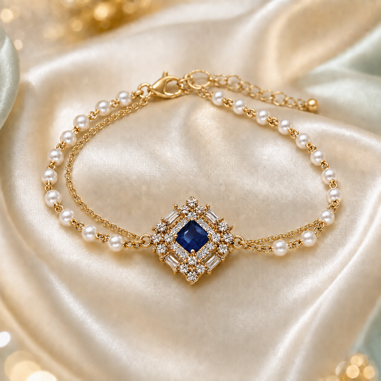 A gold double-strand bracelet with white pearls and a central square blue sapphire surrounded by clear crystals, displayed on a draped champagne satin fabric.
