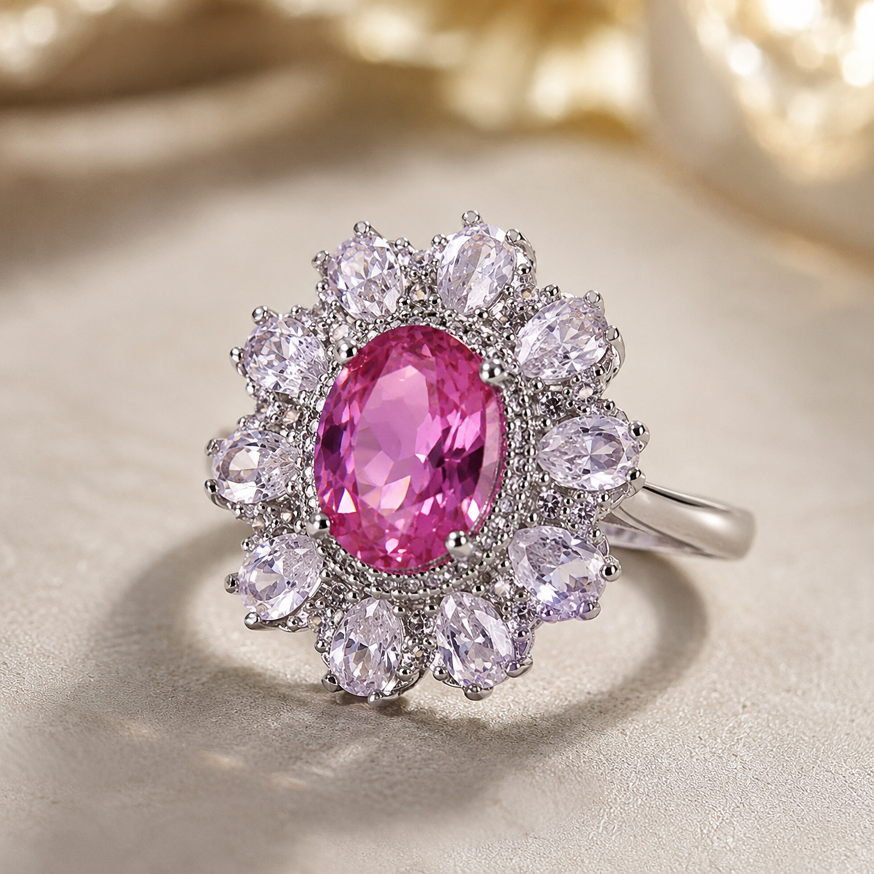 A silver-toned cluster ring featuring a prominent oval pink gemstone surrounded by a halo of clear teardrop-shaped and round stones, displayed on a soft beige surface.