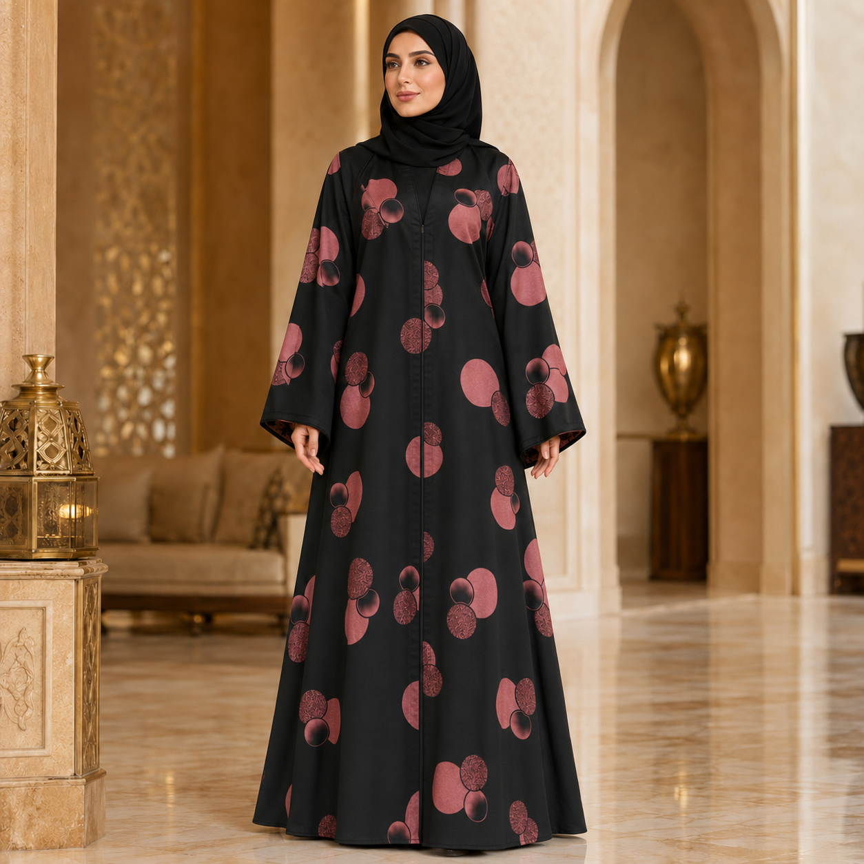 Korean Nida Printed Abaya – Elegant Circle Design