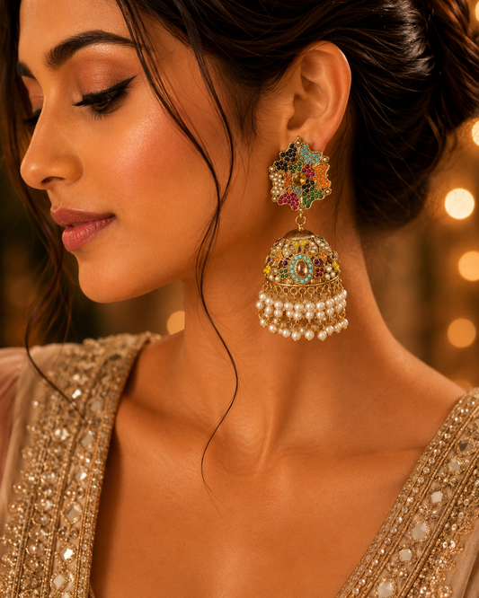 Luxury Multicolor Kundan Pearl Bridal Jhumka Earrings for Women