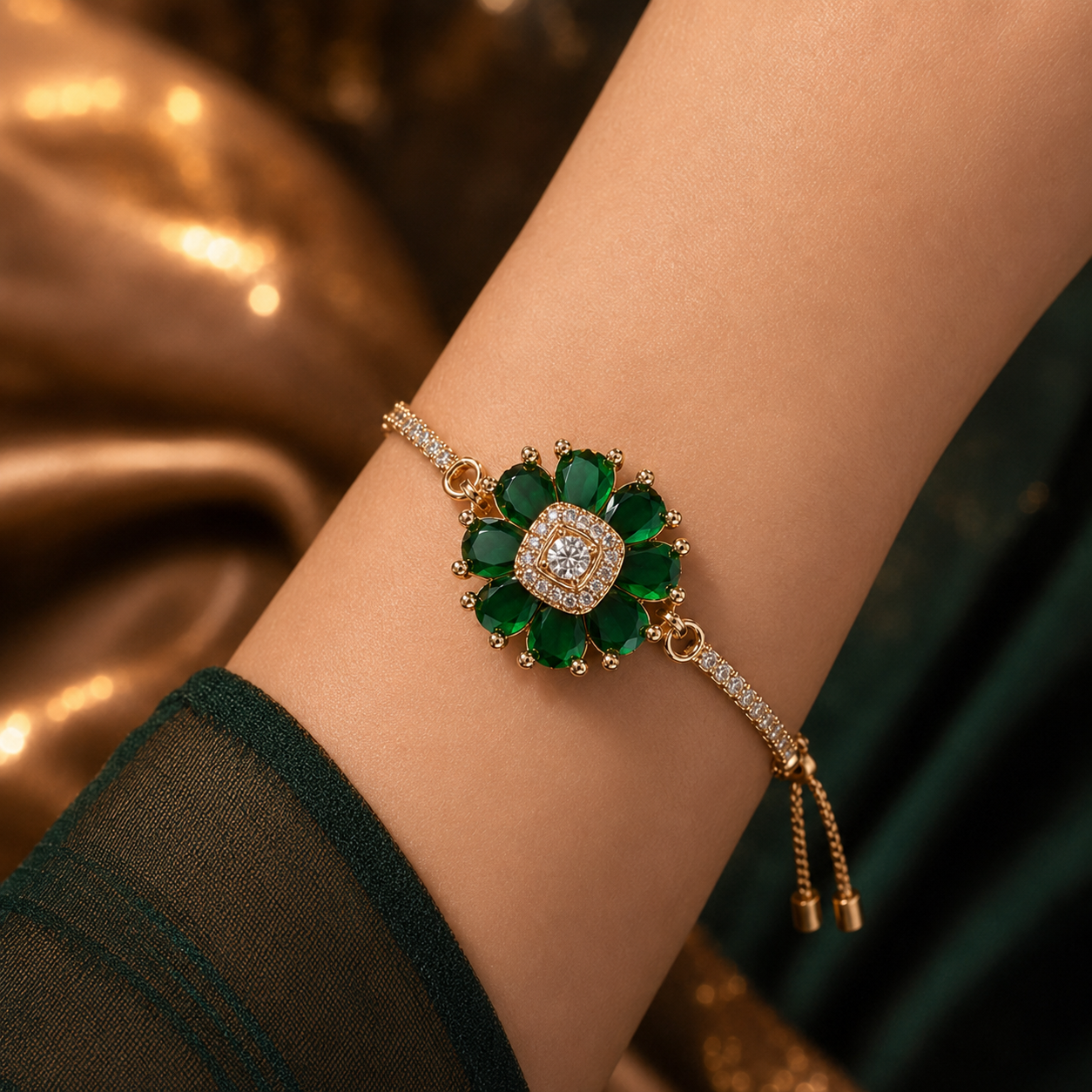 A gold-plated bracelet with a central flower motif featuring green emerald-cut stones and a diamond-encrusted center, worn on a person's wrist.